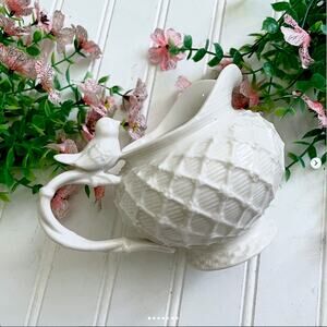 Grace’s Teaware Embossed White Creamer Lattice Design Victorian Bird Handle